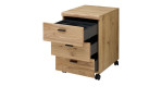 Rollcontainer Glenn mit Rollen, Altesche Massiv mit Korpus in Old Artisan Oak Nachbildung, Schrägansicht, mit geöffneten Schubkästen