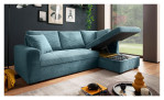 Wohnlandschaft in Cordstoff blau mit Ottomane rechts, Ansicht offener Bettkasten