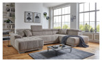 Komfort-Wohnlandschaft För in einem Cordbezugstoff in Taupe. Mit gezeigter Kopfteilverstellung