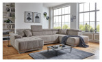 Basis-Wohnlandschaft För in einem Cordbezug in taupe. Mit gezeigter Kopfteilverstellung