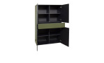 Highboard Couleur in der Farbe Olivgrün ohne Füße, mit geöffneten Türen, Schrägansicht 