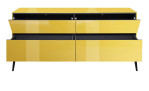 Lowboard Couleur in der Farbe Goldgelb mit Füßen und geöffneten Klappen und Schubladen, von vorne