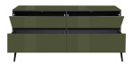 Lowboard Couleur in der Farbe Olivgrün mit Füßen und mit geöffneten Klappen und Schubladen, von vorne