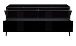 Lowboard Couleur in der Farbe Schwarz mit Füßen und mit geöffneten Klappen und Schubladen, von vorne
