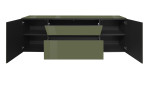 Lowboard Couleur in der Farbe Olivgrün mit geöffneten Türen und Schubladen, von vorne