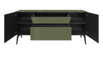 Lowboard Couleur in der Farbe Olivgrün mit Füßen und geöffneten Türen und Schubladen, von vorne