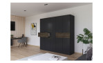 Drehtürenschrank Timo, in der Farbausführung Grau metallic / Atlantic oak dunkel, mit einer offenen Schublade, in einem Raum stehend