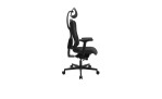 Drehstuhl Pro Gamer mit Armlehnen und Kopfstütze, schwarzem Fußkreuz und schwarzem Bezug, Ansicht von der Seite 