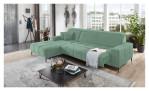 Komfort-Wohnlandschaft Luan in einem mintfarbenen Bezugsstoff mit zwei Zierkissen mit gezeigten Funktionen. Auf einem dekorierten Hintergrund.