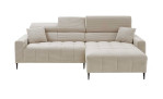 Wohnlandschaft Sally mit Ottomane rechts und einem Cordbezug in der Farbe Taupe, Kopfteilverstellung hochgeklappt