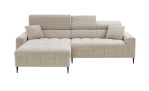 Wohnlandschaft Sally mit Ottomane links und einem Cordbezug in der Farbe Taupe, mit hochgeklappten Kopfstützen