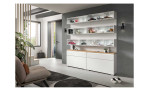 Schuhschrank Shoes mit 1 Klappe, 1 Schubkasten und 3 Regalelementen in der Farbe Weiß und einem Oberboden in Nox Oak Nachbildung, Milieubild