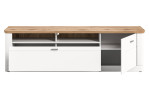 Lowboard Manhattan in weiß mit einer Deckplatte in Nox Oak aus Holzwerkstoff. Geöffnete Ansicht..
